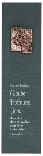 Schieferrelief "Glaube, Hoffnung, Liebe" 8 x 30 cm, mit Bronzeplakette