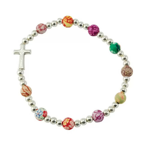 Armband, Kunststoff bunt (kleine Perlen), mit Metall-Kreuz